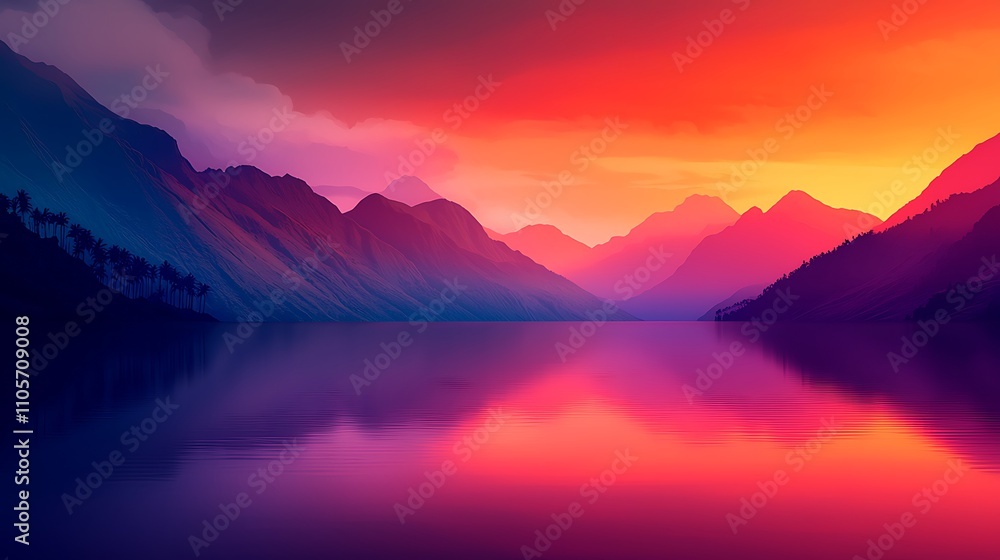 Vibrant Tropical Sunset Over a Calm Lagoon with Majestic Mountains and Reflections in Serene Waters Surrounded by Lush Scenery Vibrant Tropical Sunset Over a Calm Lagoon with Majestic Mountains and Reflections in Serene Waters Surrounded by Lush Scenery
