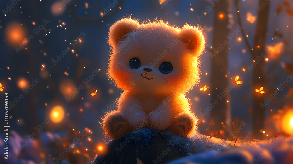 A cute, glowing teddy bear sits in a magical forest filled with soft lights. A cute, glowing teddy bear sits in a magical forest filled with soft lights.