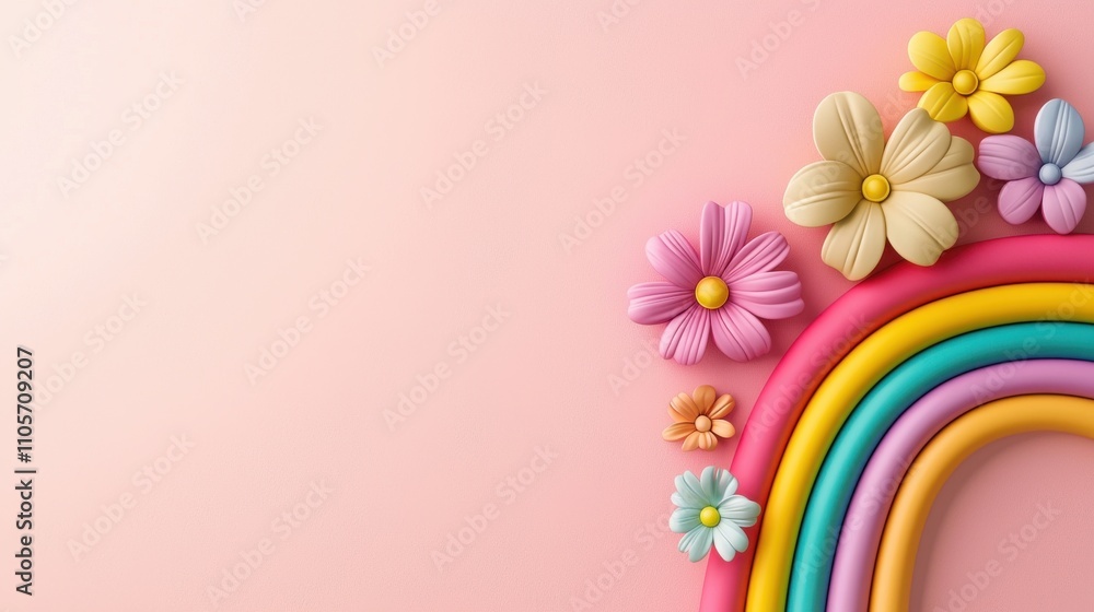 Obraz premium Colorful Paper Flower Bouquet on Pastel Background with Rainbow Arched Design