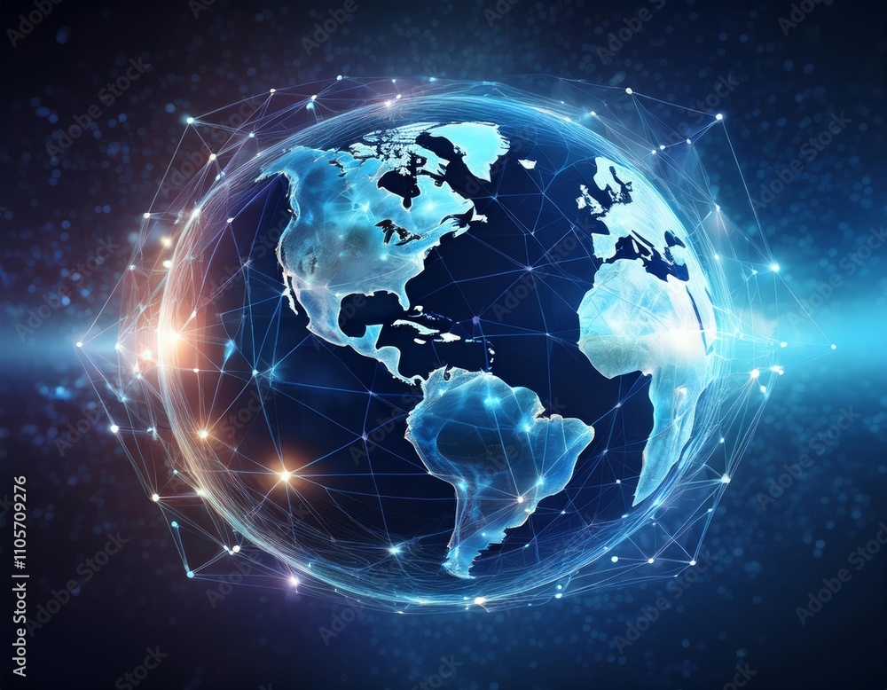 Fototapeta premium Holographic Earth within a blue geometric wireframe, set against a deep space background