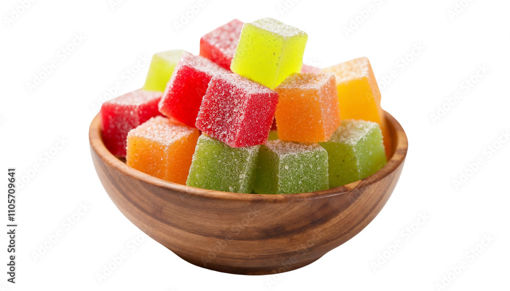 Colorful Sugar-Covered Jelly Cubes in Wooden Bowl. Transparent Background Colorful Sugar-Covered Jelly Cubes in Wooden Bowl. Transparent Background