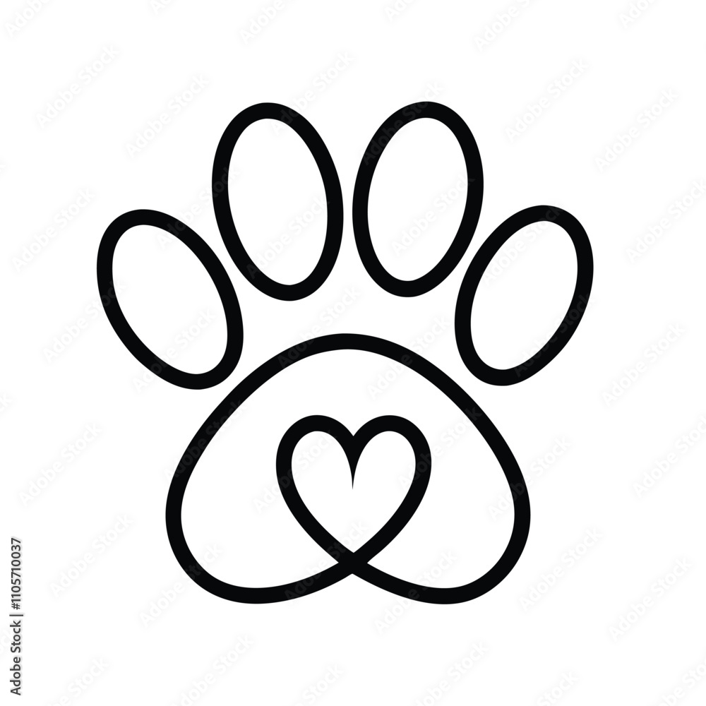 A black and white drawing of a paw with a heart in the center. The heart is surrounded by the paw, creating a heart-shaped design. The paw is outlined in white A black and white drawing of a paw with a heart in the center. The heart is surrounded by the paw, creating a heart-shaped design. The paw is outlined in white