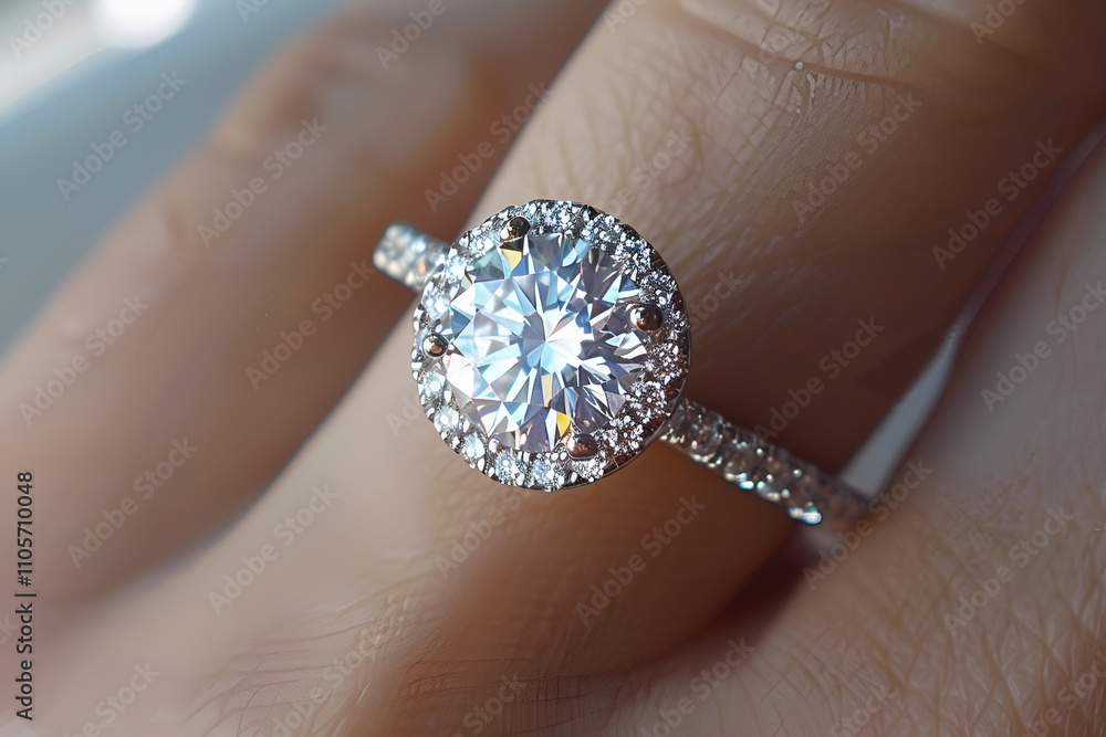 Zbliżenie na elegancki pierścionek z diamentem na palcu. Zbliżenie na elegancki pierścionek z diamentem na palcu.