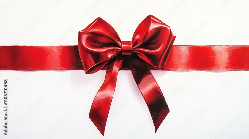 A festive red gift bow with a glossy, reflective finish and a textured ribbon loop sits on a white background. A festive red gift bow with a glossy, reflective finish and a textured ribbon loop sits on a white background.