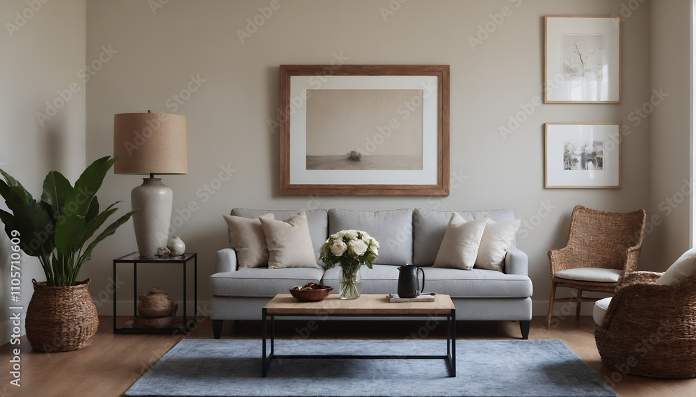 A modern living room with a sofa against a soft colour wall featuring vertical poster frames in wooden frame borders 3d illustration template A modern living room with a sofa against a soft colour wall featuring vertical poster frames in wooden frame borders 3d illustration template