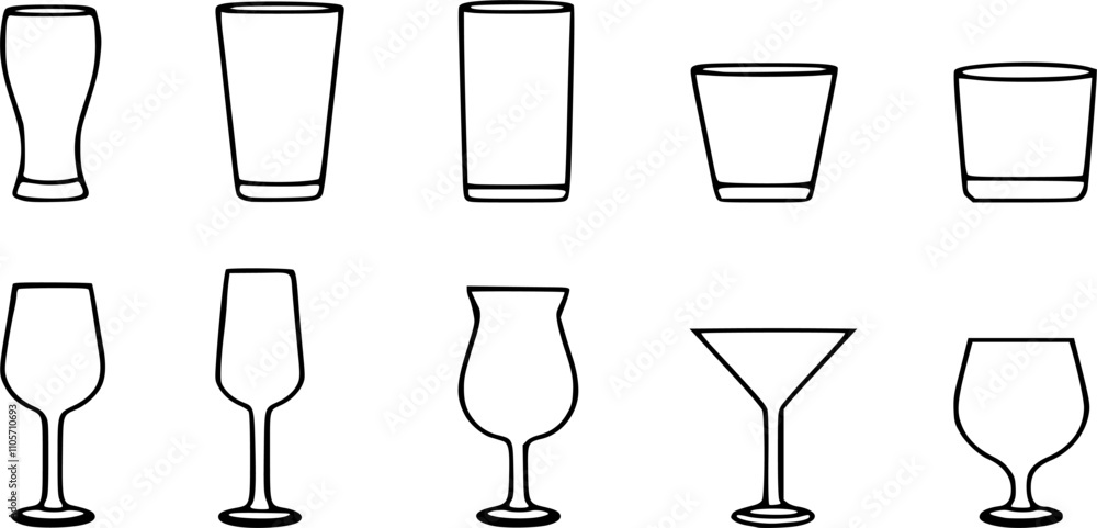 Set of Wine Glass Icon, vector, silhouette. Set of empty glasses. Cocktail glass symbol vector, icon for web design, logo, app. Vector illustration. Set of Wine Glass Icon, vector, silhouette. Set of empty glasses. Cocktail glass symbol vector, icon for web design, logo, app. Vector illustration.