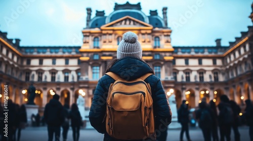 Person wearing a winter coat and backpack standing in front of a historic building at dusk with people walking around