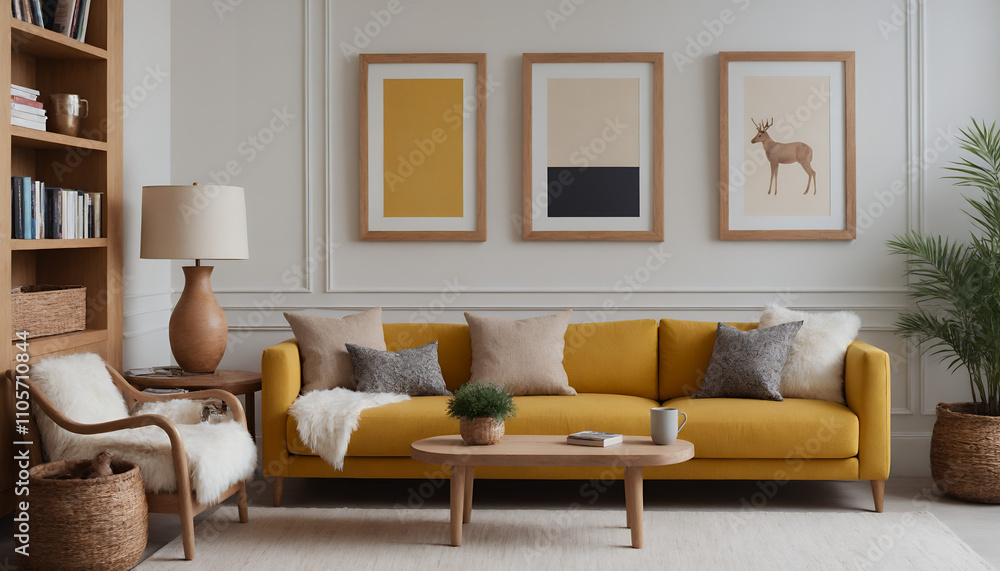 Obraz premium A modern living room with a yellow fabric sofa set against a soft colour wall featuring vertical poster frames in wooden frame borders 3d illustration template
