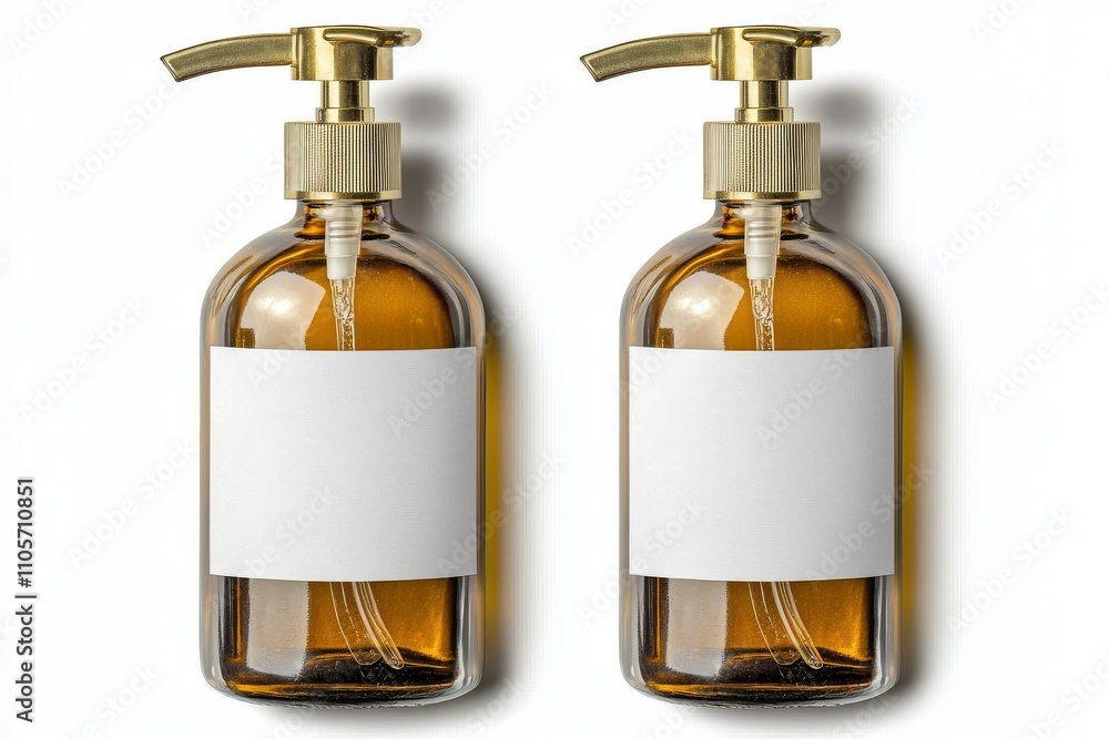 A 3D rendered stock photo of an amber glass pump bottle mock-up, showcasing liquid soap and shampoo dispensers, with space for labels. A 3D rendered stock photo of an amber glass pump bottle mock-up, showcasing liquid soap and shampoo dispensers, with space for labels.