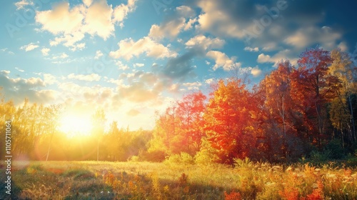 Vivid autumn scenery with colorful trees and sunny sky.