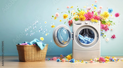 A laundry detergent advertisement featuring a washing machine with colorful flowers and bubbles emerging, alongside a wicker basket of folded laundry, set against a bright blue background