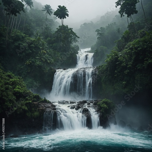 A cliffside waterfall tumbling into the sea, surrounded by dense jungle and mist.

