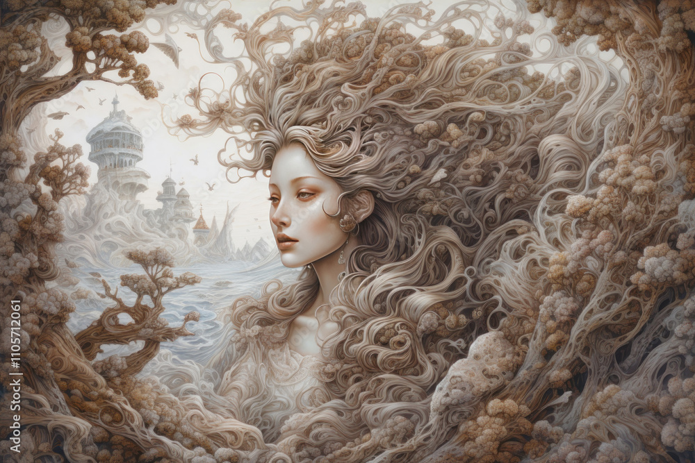 Fototapeta premium a beautiful young woman with long wavy hair flowing into a landscape filled with swirls, trees and fantastical buildings in the background.