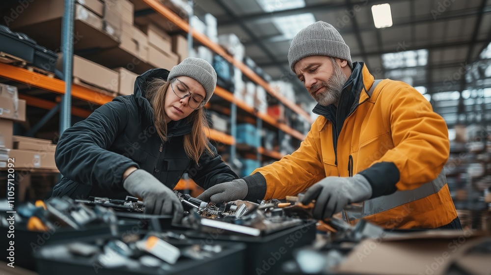 Two workers sorting through electronic waste items on a table in a warehouse with shelves filled with boxes, wearing gloves, warm hats, and protective eyewear. Two workers sorting through electronic waste items on a table in a warehouse with shelves filled with boxes, wearing gloves, warm hats, and protective eyewear.