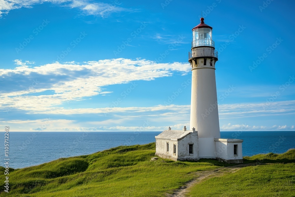 Lighthouse stands tall against a clear blue sky near the ocean on a sunny day Lighthouse stands tall against a clear blue sky near the ocean on a sunny day