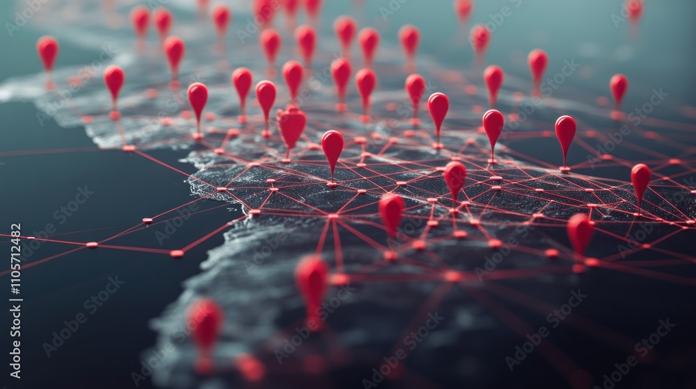 Fototapeta premium Network map with red pins showing connections.