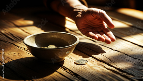 Man hand with bowl of few coins. concept of poverty, donation, help, homeless