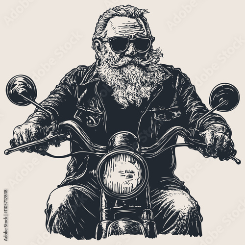 An old gray-haired biker rides a vintage motorcycle, vector illustration.