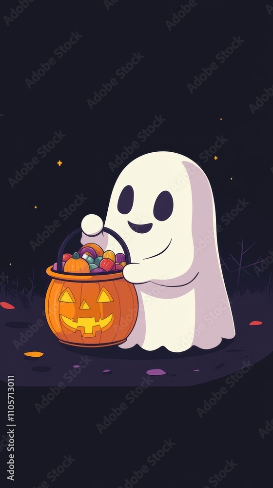 Naklejka premium Dark background, a cute cartoon ghost holding a lantern and a pumpkin bucket full of candy