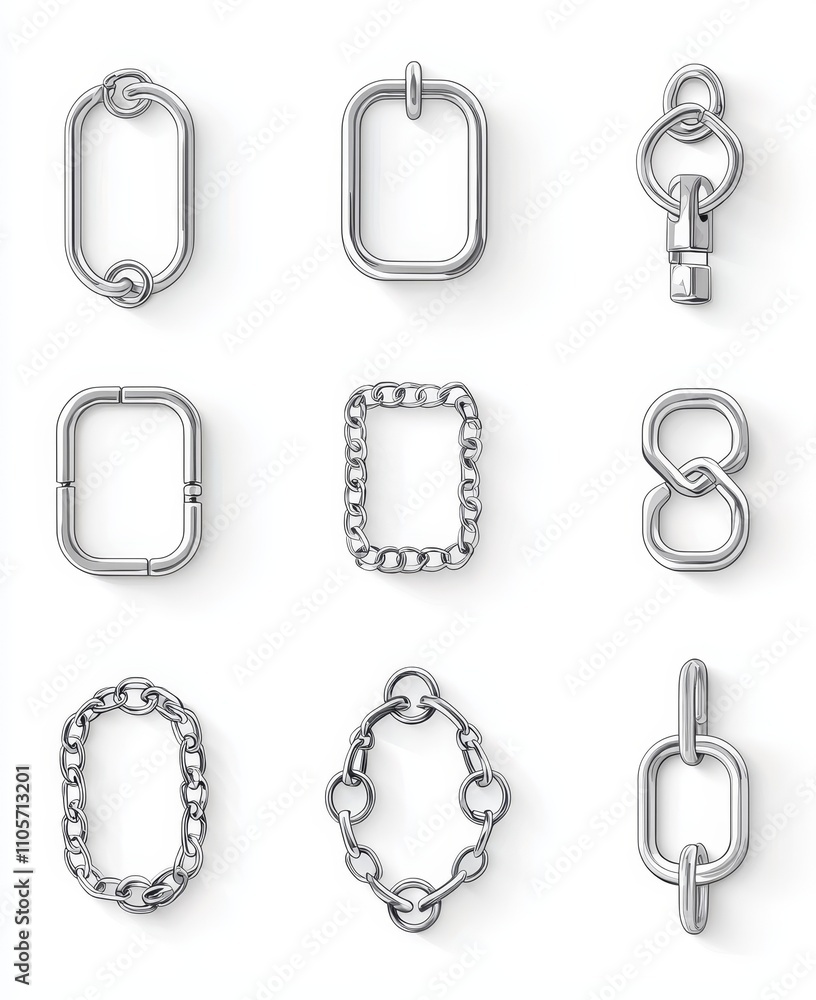 A metal chain featuring intact and broken links crafted from silver, chrome, or steel. The border consists of interconnected stainless rings. These realistic 3D modern, heavy decorative elements are A metal chain featuring intact and broken links crafted from silver, chrome, or steel. The border consists of interconnected stainless rings. These realistic 3D modern, heavy decorative elements are