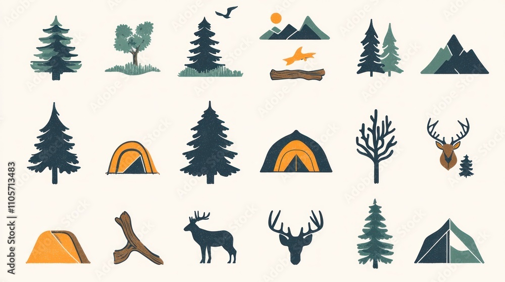 Fototapeta premium A collection of small icons representing various aspects of wilderness, like tents, trees, and wildlife.