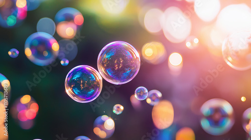 Bubbles float effortlessly through a vibrant backdrop, reflecting a spectrum of colors that evokes laughter and nostalgia in a playful, sunlit setting.