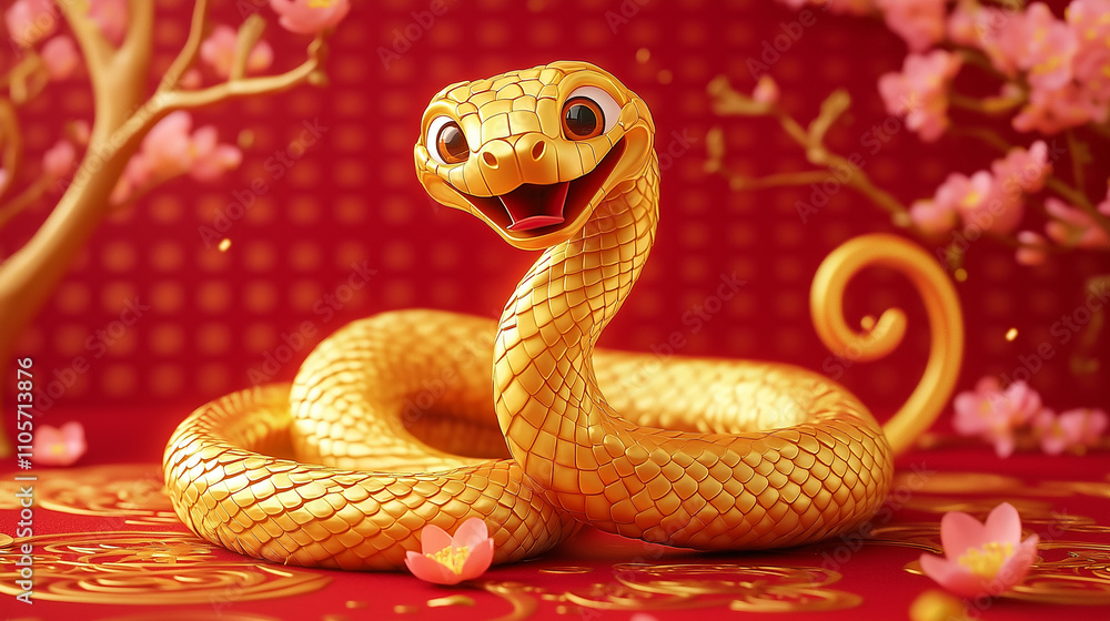 Fototapeta premium Tradition with a Twist Cheerful Golden Snake in a Festive Scene