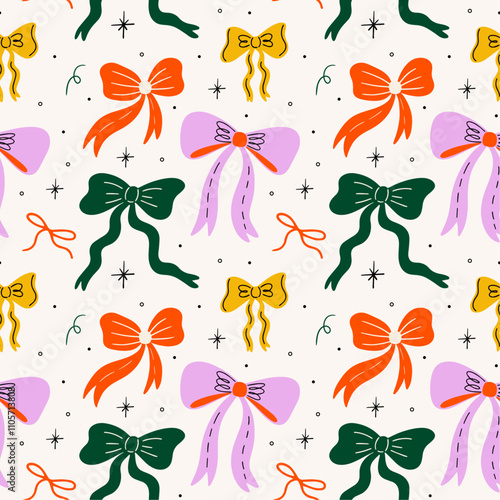 Seamless pattern with various bow knot coquette accessories, different types of gift ribbons decorative elements for christmas, birthday presents vector illustration in cartoon retro groovy style