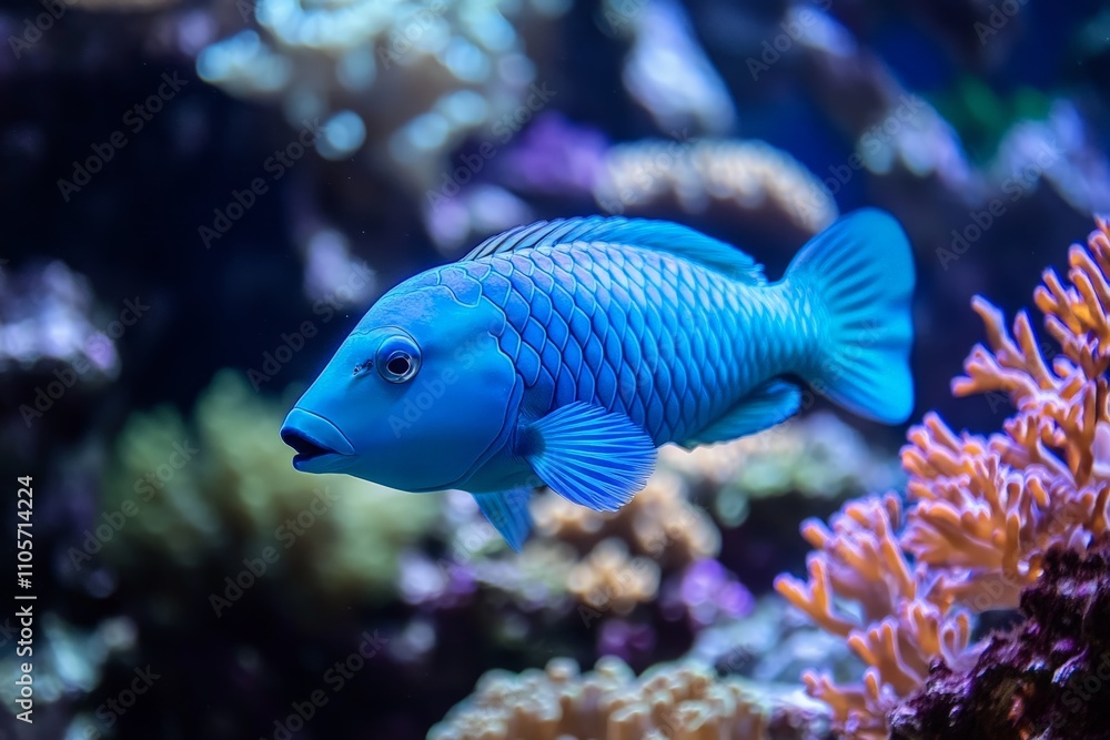 A bright blue fish with intricate scales swims gracefully amidst colorful coral, showcasing the beauty of marine life in a vivid underwater ecosystem. A bright blue fish with intricate scales swims gracefully amidst colorful coral, showcasing the beauty of marine life in a vivid underwater ecosystem.