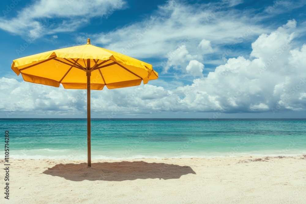 Yellow umbrella provides shade on sandy beach near turquoise ocean and vibrant clouds Yellow umbrella provides shade on sandy beach near turquoise ocean and vibrant clouds