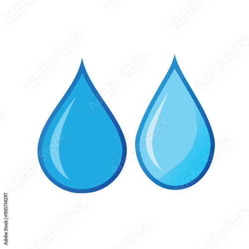 Two blue water droplets. The droplets are blue and are next to each other. The image is white