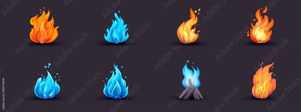 In 2D animation or video games, a blue fire is depicted burning. The sprite sheet for this modern cartoon animation shows a sequence of magical flames on a torch, candle, or bonfire, isolated on a In 2D animation or video games, a blue fire is depicted burning. The sprite sheet for this modern cartoon animation shows a sequence of magical flames on a torch, candle, or bonfire, isolated on a
