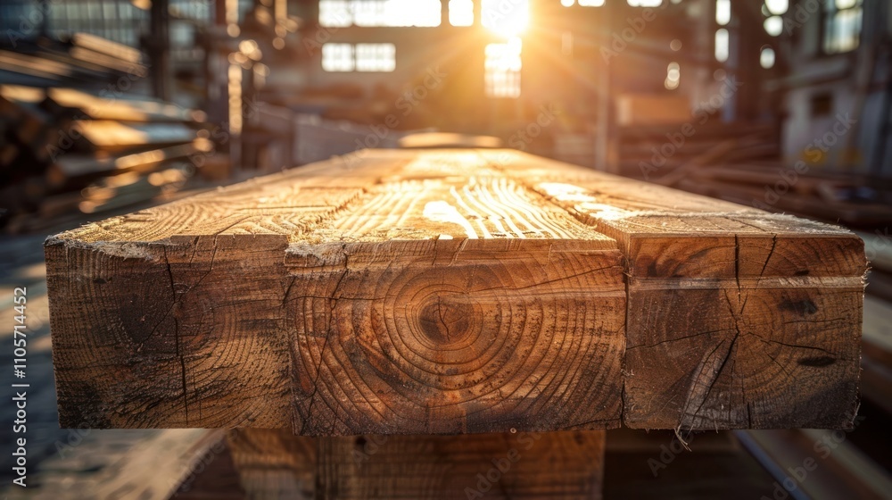 Close up view of a rustic weathered wooden plank or board laid on an old industrial style workshop workbench with the warm golden glow of sunlight streaming through the background Close up view of a rustic weathered wooden plank or board laid on an old industrial style workshop workbench with the warm golden glow of sunlight streaming through the background
