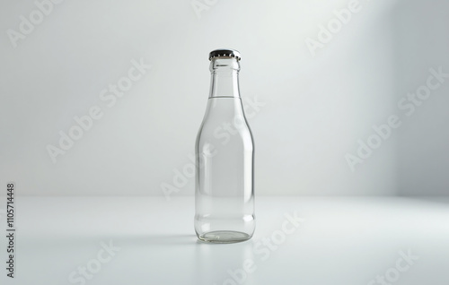 A blank, transparent glass bottle with a metal cap stands on a smooth, reflective surface