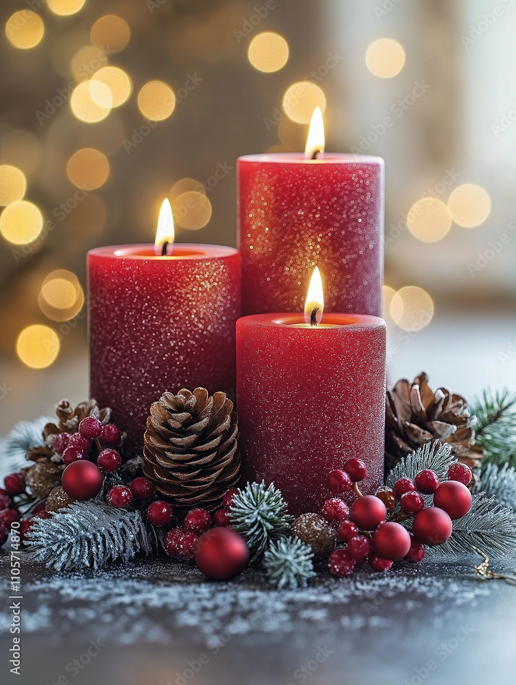 A Cozy Christmas Scene Candles and Wintery Festive Elements A Cozy Christmas Scene Candles and Wintery Festive Elements