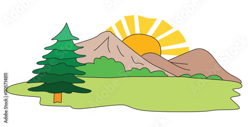 A picture of a mountain with a sun and trees