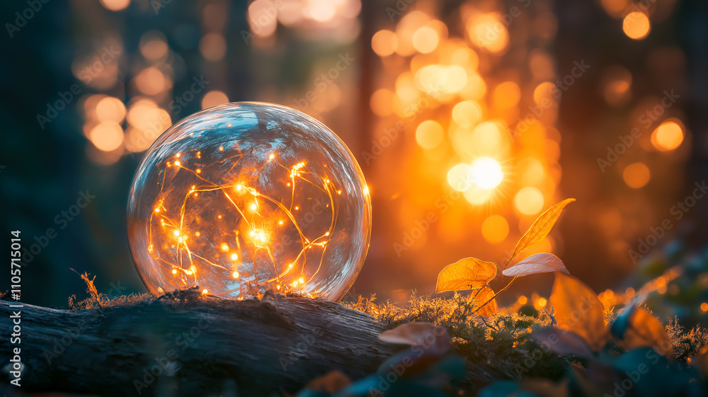 Enchantment unfolds as a luminous glass sphere rests on a mossy log, casting a warm glow amidst golden autumn leaves and a soft forest backdrop. Enchantment unfolds as a luminous glass sphere rests on a mossy log, casting a warm glow amidst golden autumn leaves and a soft forest backdrop.