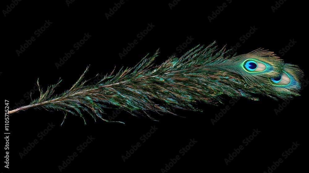 Obraz premium Vibrant Peacock Feather with Striking Iridescent Colors Set Against a Dark Background for Nature and Wildlife Photography
