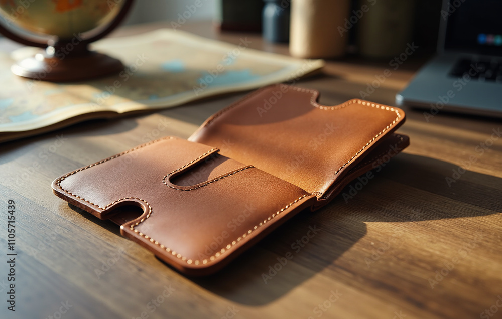 A blank, open leather passport holder with visible stitching rests on a rustic wooden surface A blank, open leather passport holder with visible stitching rests on a rustic wooden surface