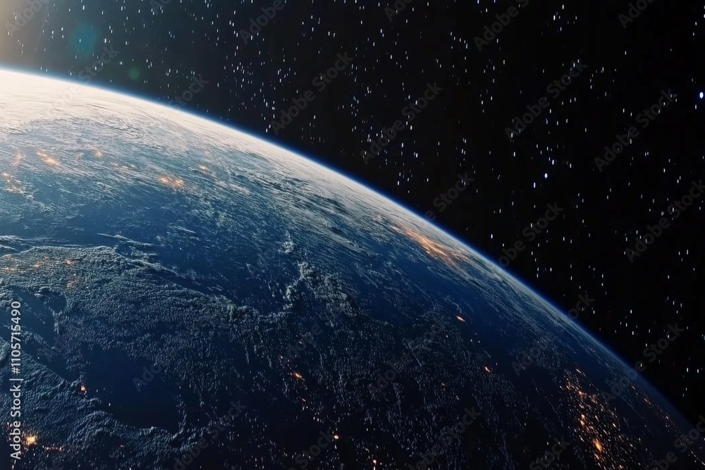 The edge of Earth is beautifully portrayed with the light from the sun creating a luminous border against the dark backdrop filled with twinkling stars. The edge of Earth is beautifully portrayed with the light from the sun creating a luminous border against the dark backdrop filled with twinkling stars.