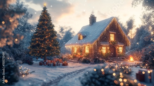 Wallpaper Mural Cozy Christmas cabin nestled in snowy forest, decorated with lights and gifts. Torontodigital.ca