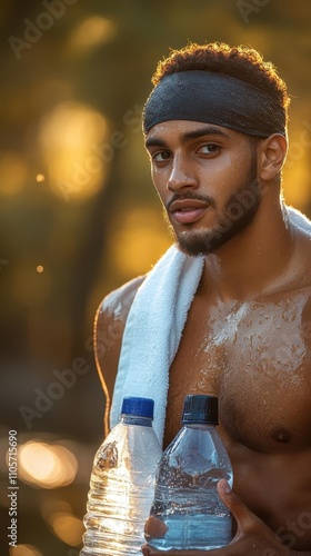 Athlete cooling down with towel and water bottle, postexercise care, vibrant natural light photo