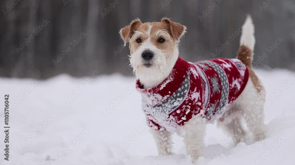 Dog in a New Year's sweater in a winter forest. Wirehaired Jack Russell Terrier on a walk in the snow. Holiday concept Christmas Dog in a New Year's sweater in a winter forest. Wirehaired Jack Russell Terrier on a walk in the snow. Holiday concept Christmas