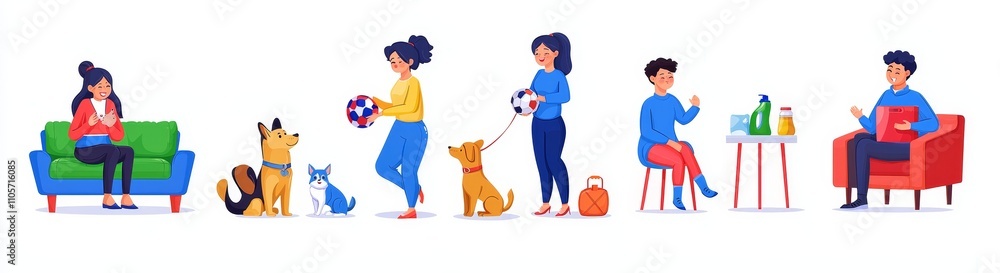 A pet care concept offering grooming, walking, training, and veterinary services. A modern flat illustration featuring people and adorable domestic animals, including a dog, cat, rabbit, and parrot, A pet care concept offering grooming, walking, training, and veterinary services. A modern flat illustration featuring people and adorable domestic animals, including a dog, cat, rabbit, and parrot,