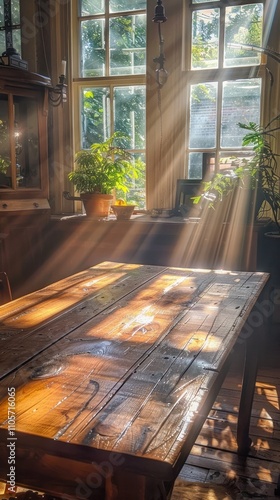 Cozy rustic wooden table set in a vintage sunlit interior with warm natural lighting streaming through the window  The weathered reclaimed wood creates a charming farmhouse inspired ambiance