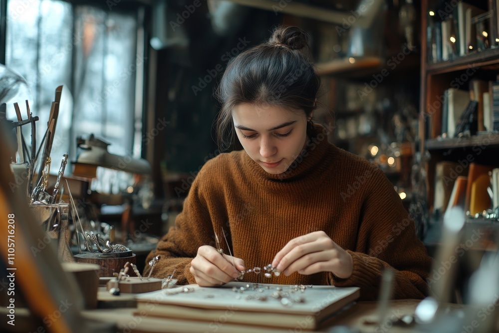 Fototapeta premium Young artisan painstakingly creates handmade jewelry in a cozy workshop
