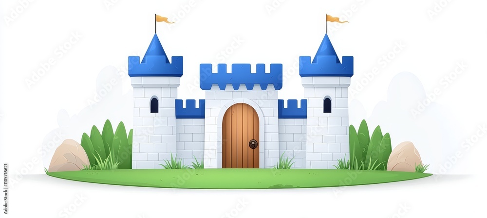 A medieval castle wall with a fairytale fortress featuring turrets, a wooden arched gate, and a paved road under a blue sky. This fantasy magic ancient architecture resembles a royal palace in a A medieval castle wall with a fairytale fortress featuring turrets, a wooden arched gate, and a paved road under a blue sky. This fantasy magic ancient architecture resembles a royal palace in a