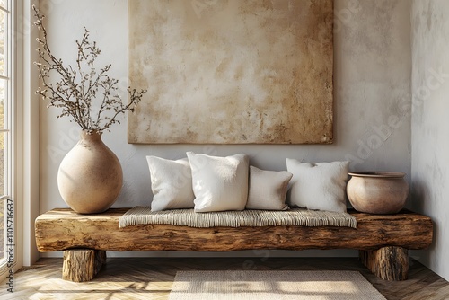  Farmhouse, rustic interior design of modern hall, home. Rustic entryway with wooden bench, neutral decor, textured cushion, and abstract art in a warm, welcoming space. 