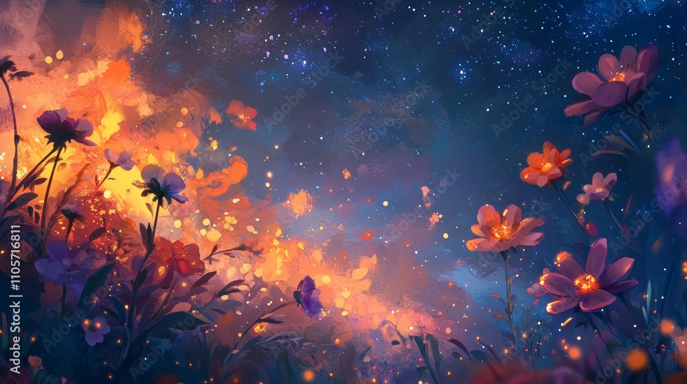 Blossoming flowers juxtaposed with a captivating galaxy, mirrored in a surreal cosmic field. Blossoming flowers juxtaposed with a captivating galaxy, mirrored in a surreal cosmic field.