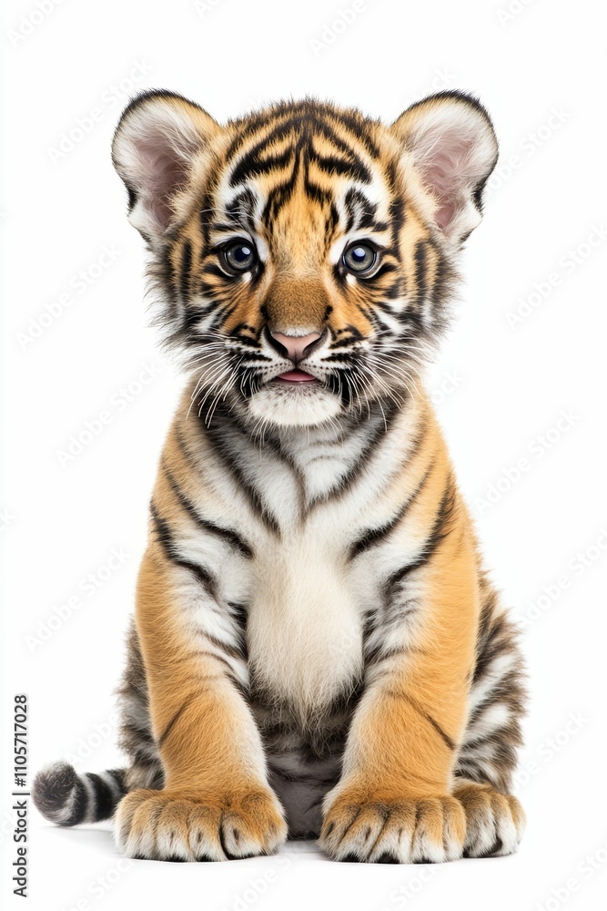 Fototapeta premium Orange striped cub sits, white background.